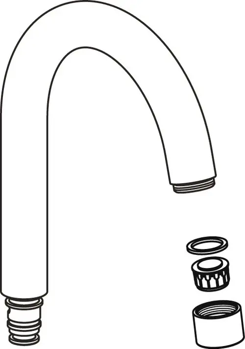 Rohrauslauf von Ideal Standard mit gebogenem Design, zwei Anschlussgewinden und einem Satz von Bauteilen, bestehend aus einem Strahlregler und zwei Dichtungen.